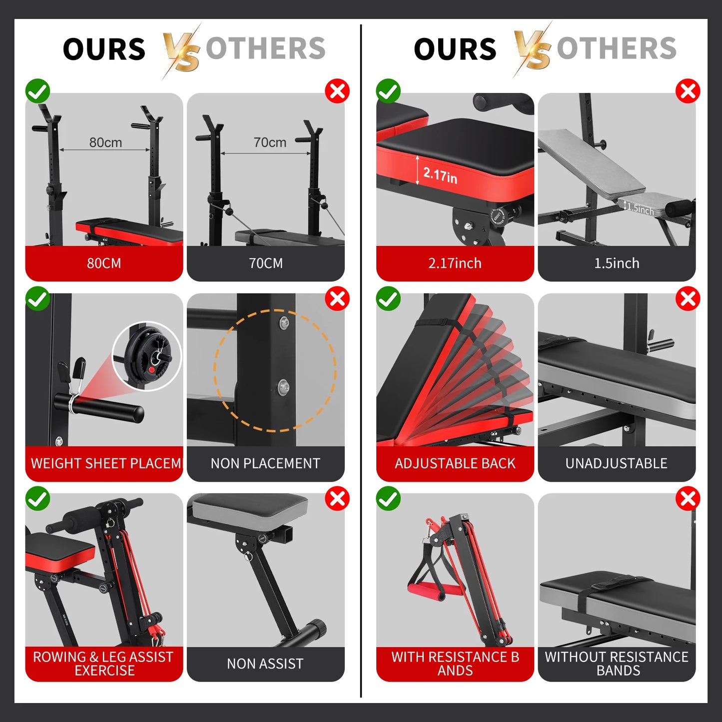 6-in-1 Adjustable Weight Bench Set with Squat Rack – Foldable Home Gym Press Bench with Removable Foot Catch