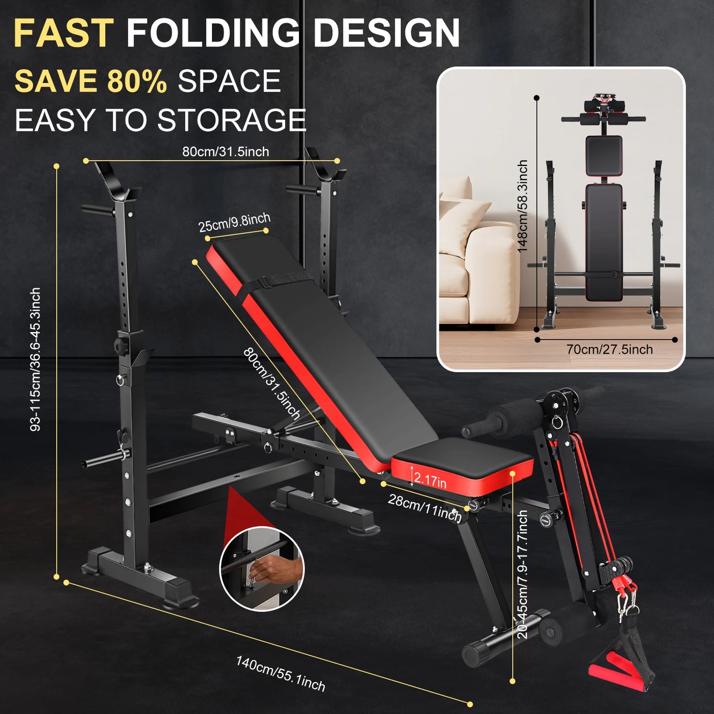 6-in-1 Adjustable Weight Bench Set with Squat Rack – Foldable Home Gym Press Bench with Removable Foot Catch