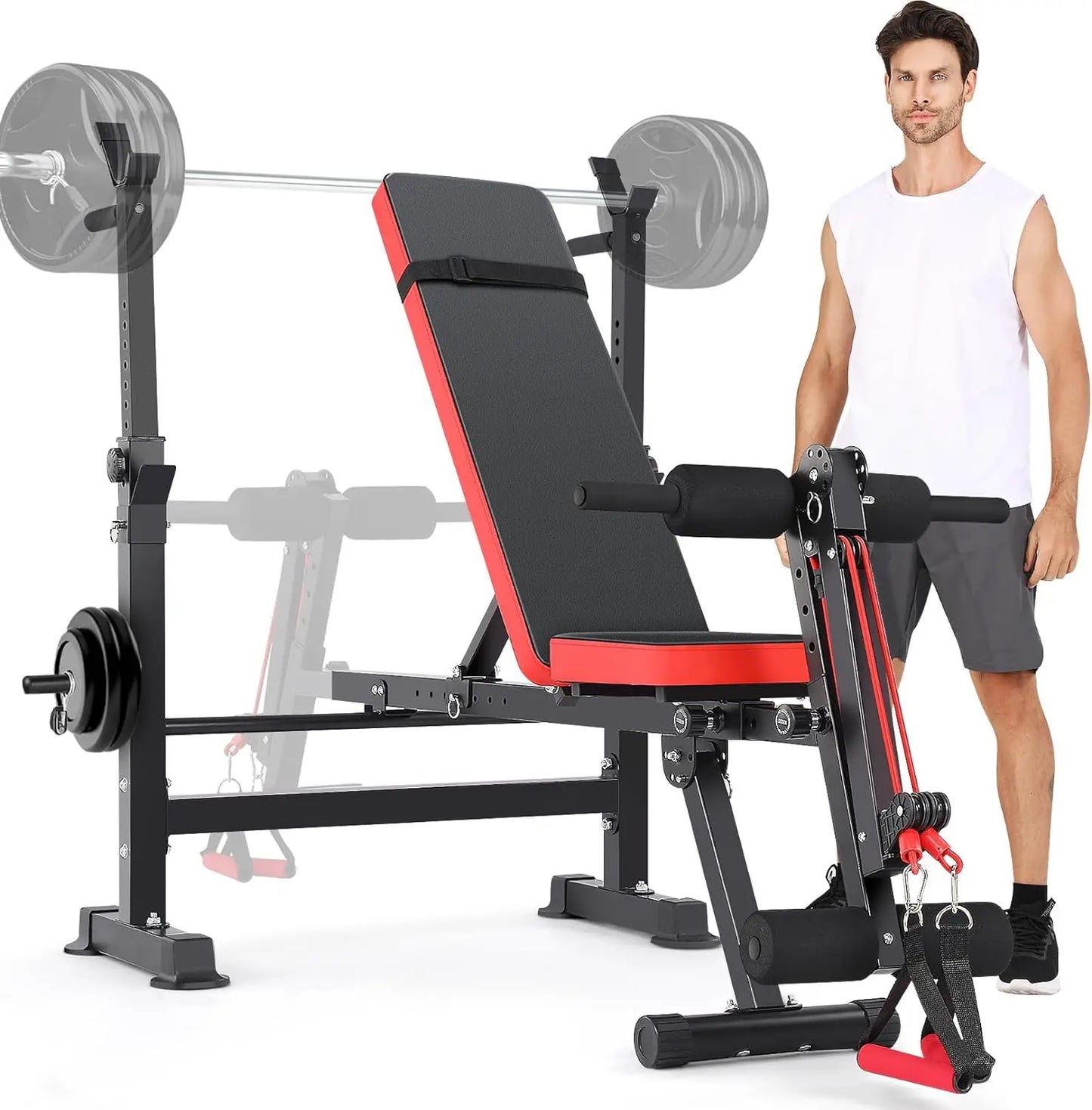 6-in-1 Adjustable Weight Bench Set with Squat Rack – Foldable Home Gym Press Bench with Removable Foot Catch