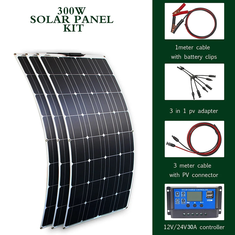 Flexible Solar Panel Kit – 100W/200W/300W High-Efficiency 12V/24V Battery Charger for RV, Boat, Camping & Off-Grid Use
