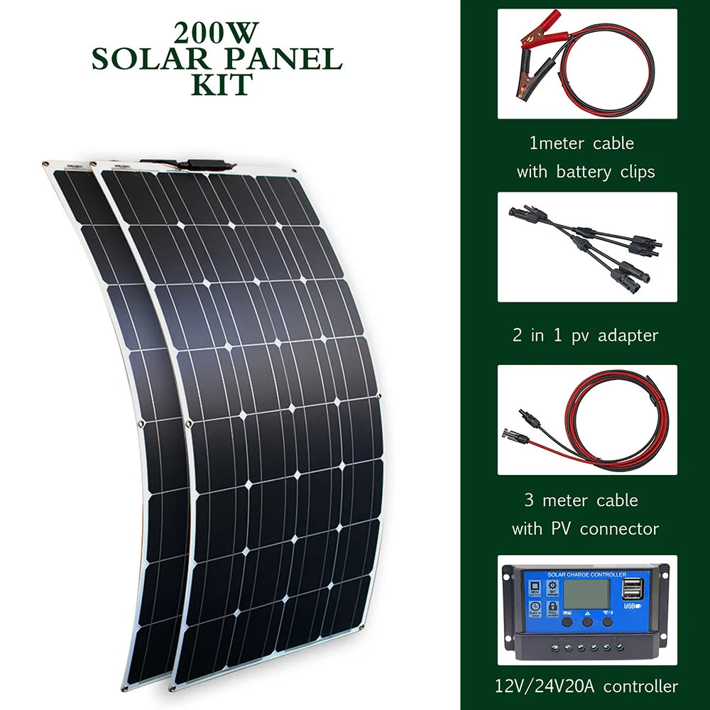 Flexible Solar Panel Kit – 100W/200W/300W High-Efficiency 12V/24V Battery Charger for RV, Boat, Camping & Off-Grid Use