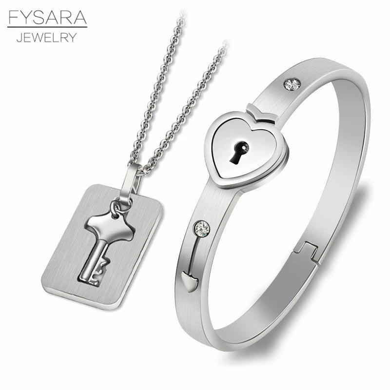 Lock & Key Jewelry Set for Couples – Stainless Steel Bracelet and Necklace Symbolizing Eternal Love