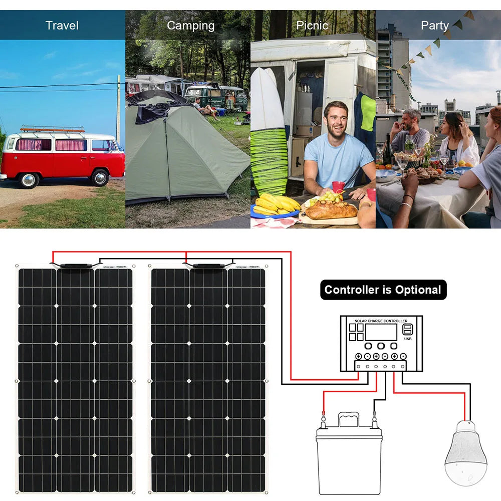 Flexible Solar Panel Kit – 100W/200W/300W High-Efficiency 12V/24V Battery Charger for RV, Boat, Camping & Off-Grid Use