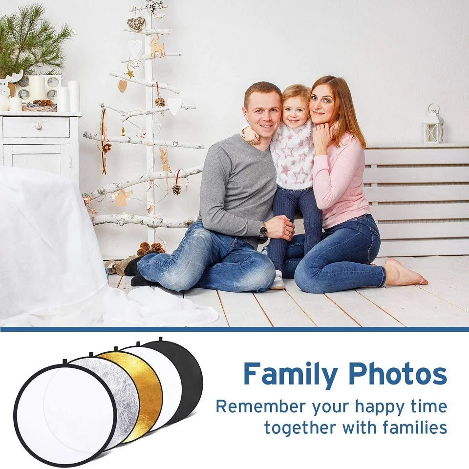 5-in-1 Collapsible Photography Reflector – 24" (60cm) Round Light Diffuser with Silver, Black, White, Gold & Translucent Surfaces