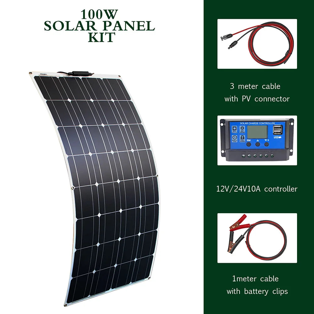 Flexible Solar Panel Kit – 100W/200W/300W High-Efficiency 12V/24V Battery Charger for RV, Boat, Camping & Off-Grid Use
