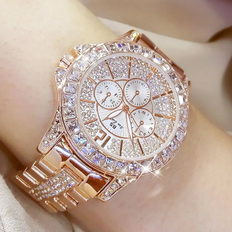 Luxury Women’s Quartz Watch – Rose Gold Crystal Wristwatch with Diamond Accents, Elegant Jewelry Timepiece