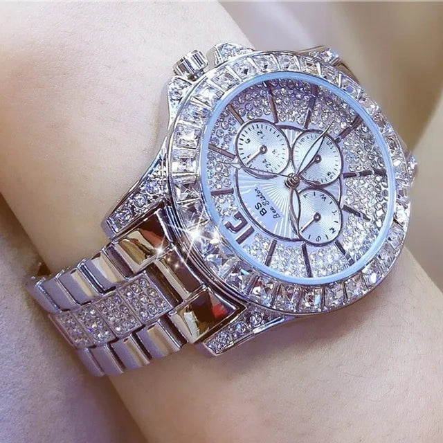 Luxury Women’s Quartz Watch – Rose Gold Crystal Wristwatch with Diamond Accents, Elegant Jewelry Timepiece