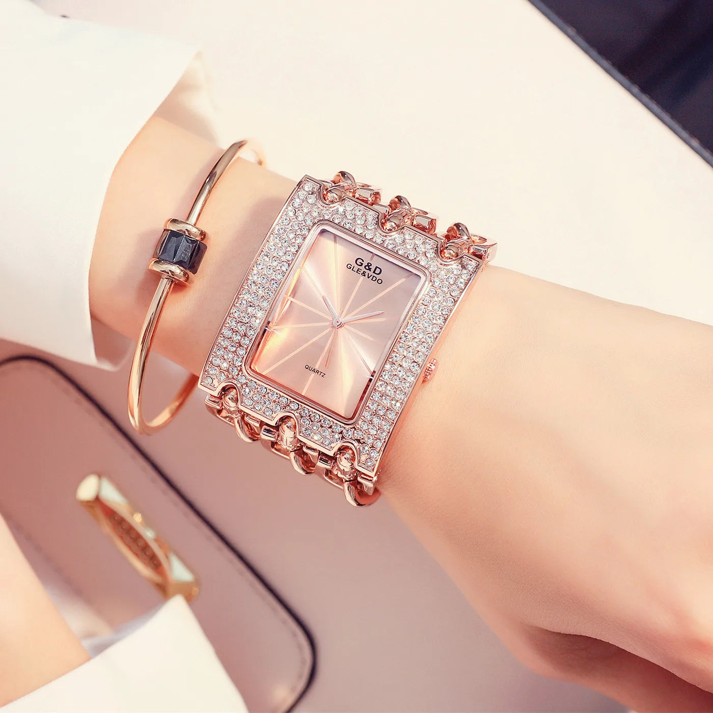 G&D Women's Fashion Bracelet Watch – Golden Quartz Wristwatch with Rhinestone Chains & Large Dial