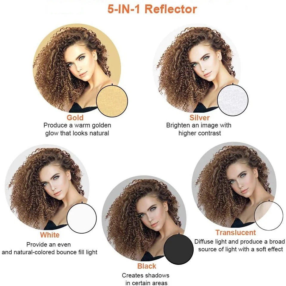 5-in-1 Collapsible Photography Reflector – 24" (60cm) Round Light Diffuser with Silver, Black, White, Gold & Translucent Surfaces