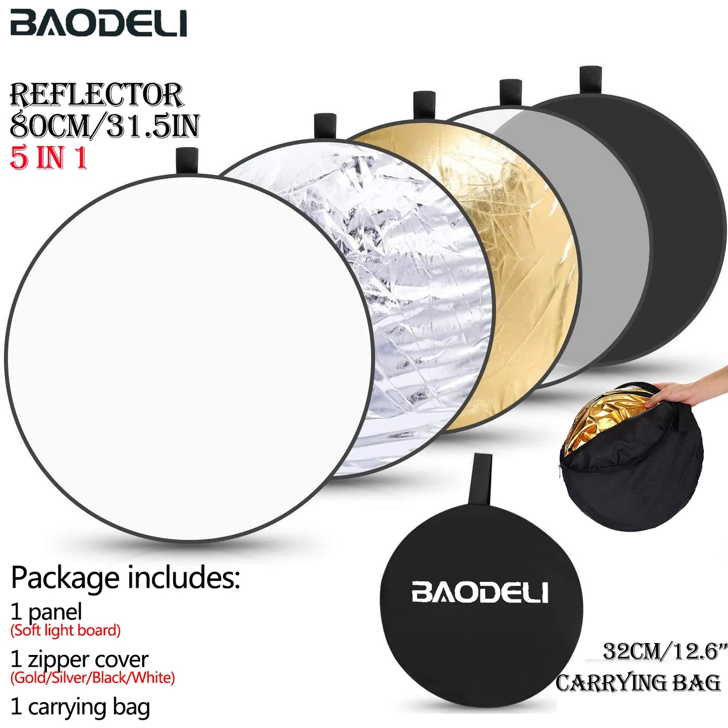 5-in-1 Collapsible Photography Reflector – 24" (60cm) Round Light Diffuser with Silver, Black, White, Gold & Translucent Surfaces