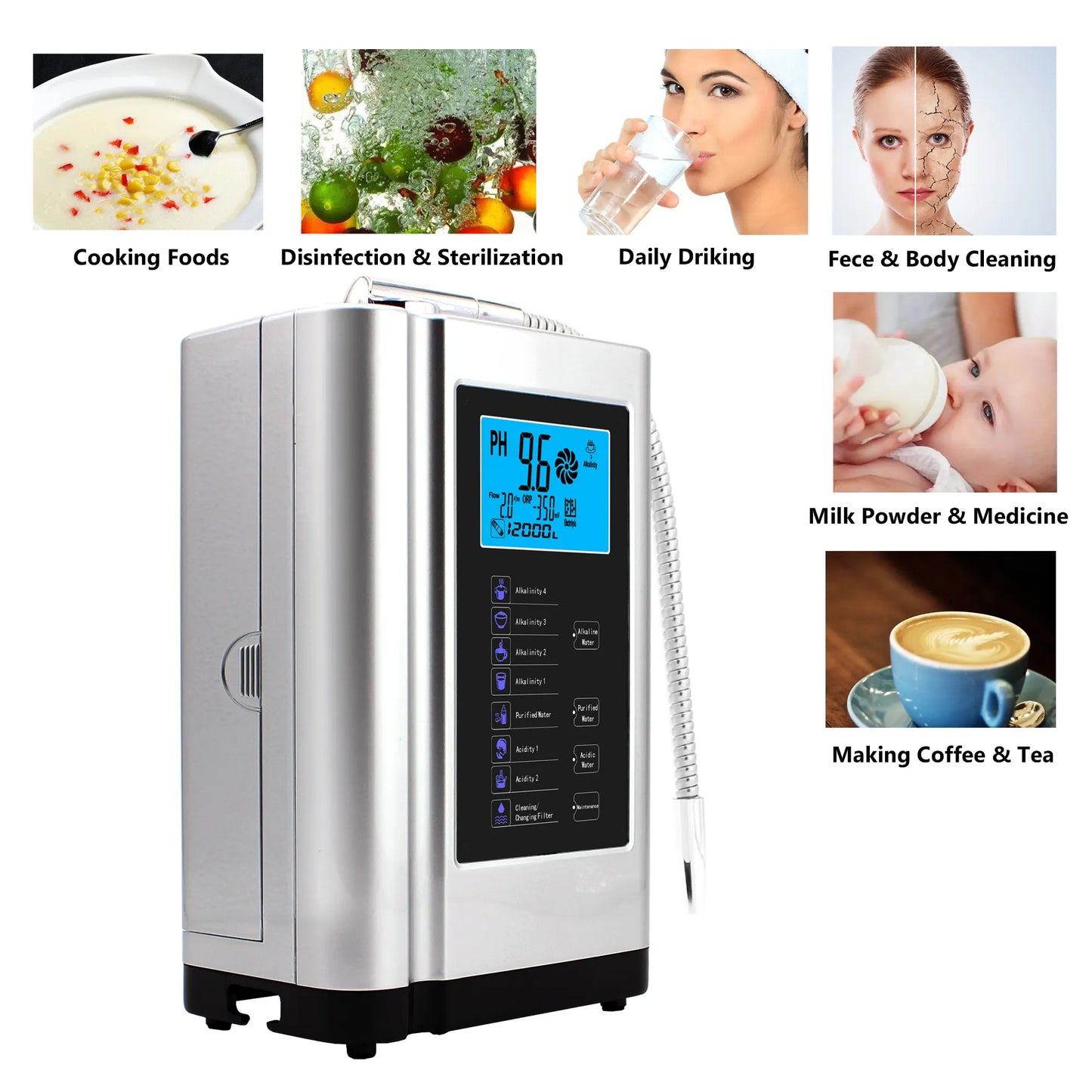 Home Water Filter System: Alkaline Water Ionizer with Hydrogen Generator, pH Range 3.5-10.5, and Acidic Water Purification