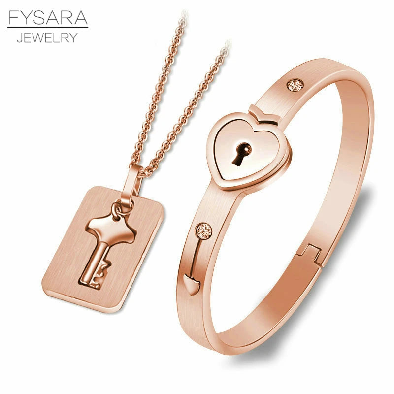 Lock & Key Jewelry Set for Couples – Stainless Steel Bracelet and Necklace Symbolizing Eternal Love