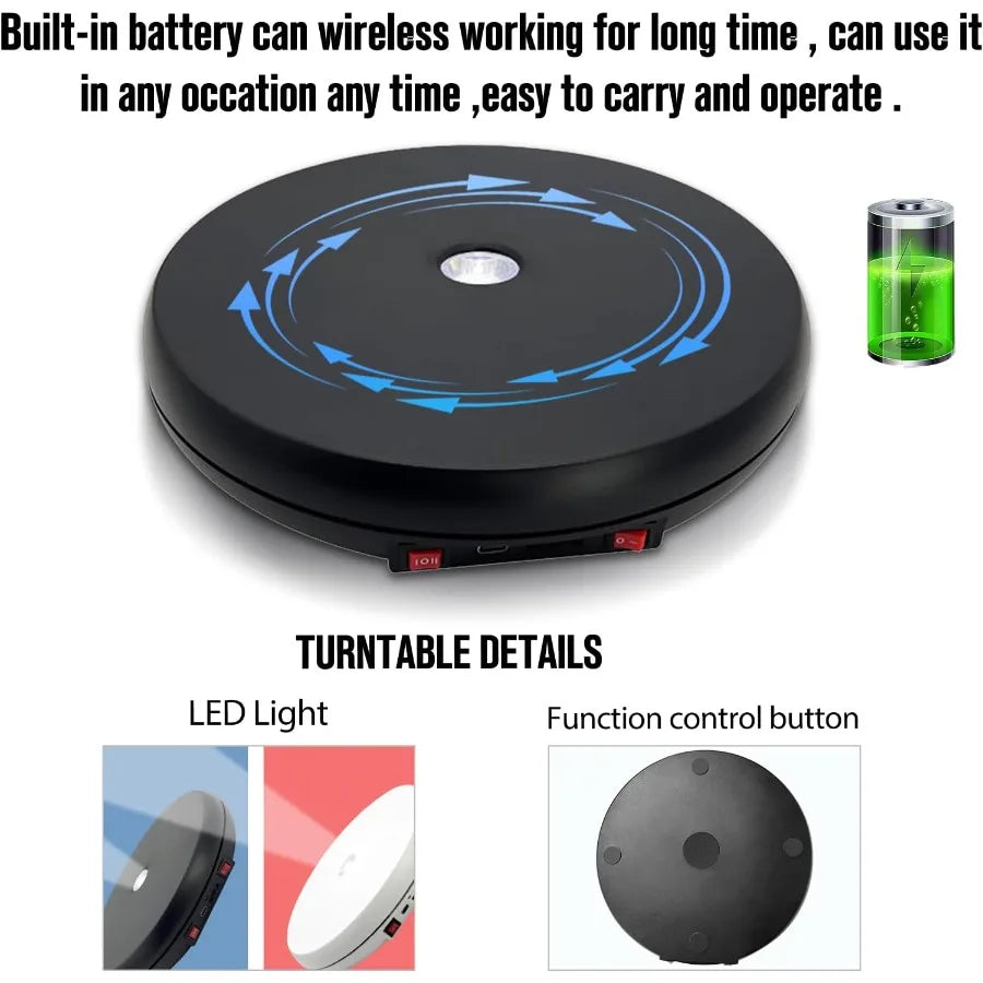 Motorized 360° Rotating Display Stand with LED Light – 10" Turntable for Product Photography & Showcases (55 lbs Load)