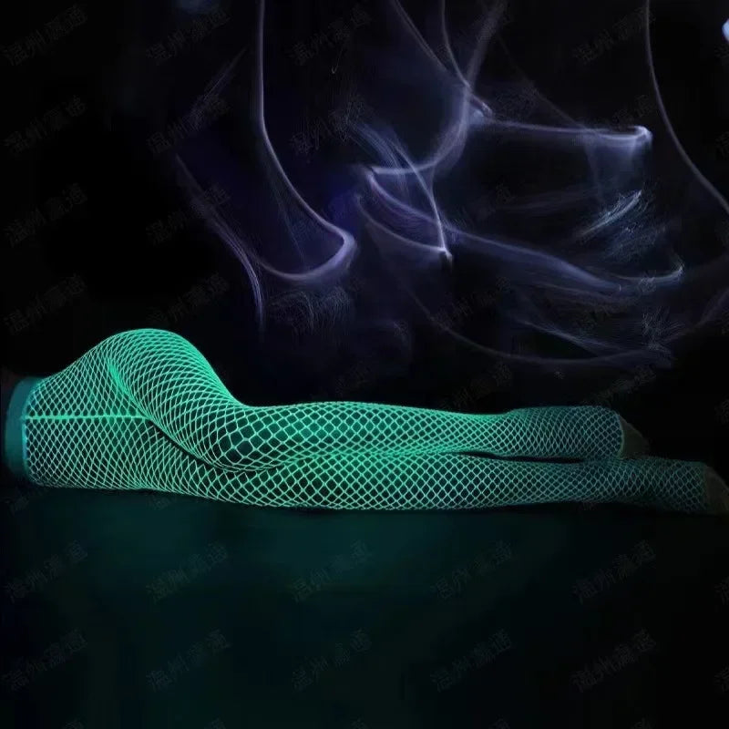 Fluorescent Fishnet Bodysuit – High-Waist Mesh Lingerie with Long Stockings for Women