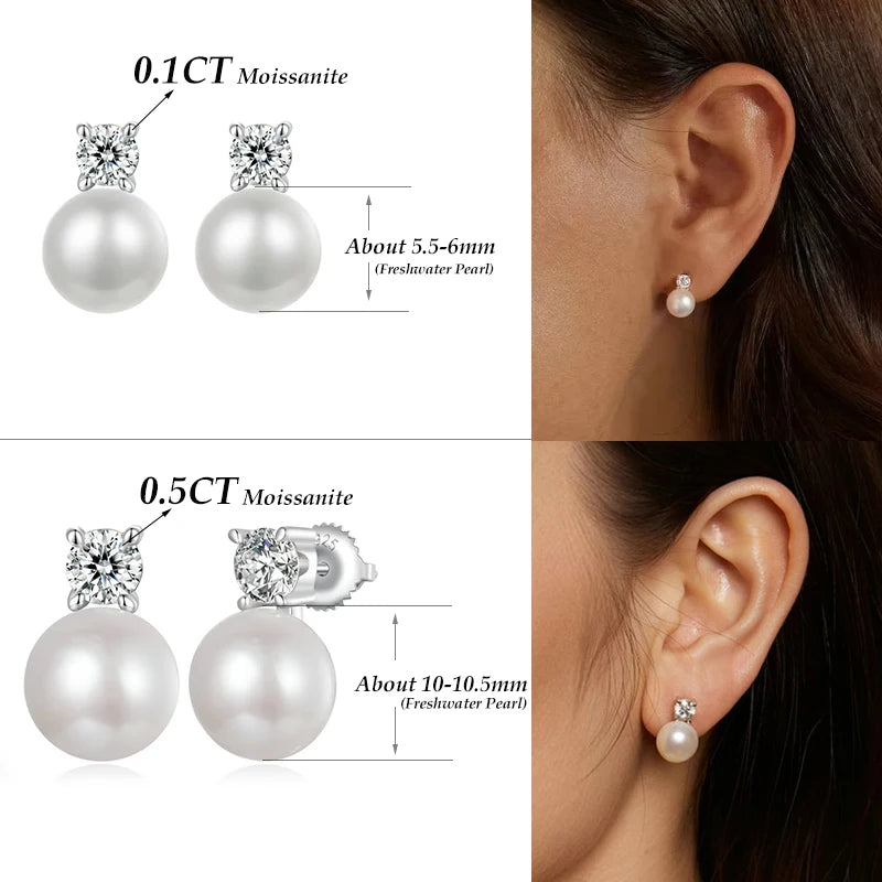 Elegant Moissanite & Freshwater Pearl Stud Earrings in 925 Sterling Silver