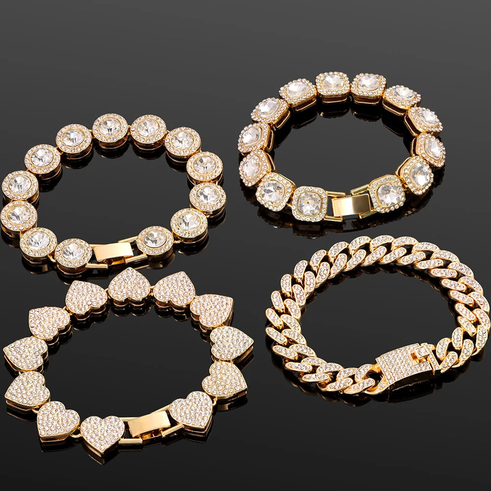 4-Piece Iced Out Pink Cuban Bracelet Set – Gold & Silver-Tone Crystal Heart, Circle & Square Hip Hop Jewelry for Women