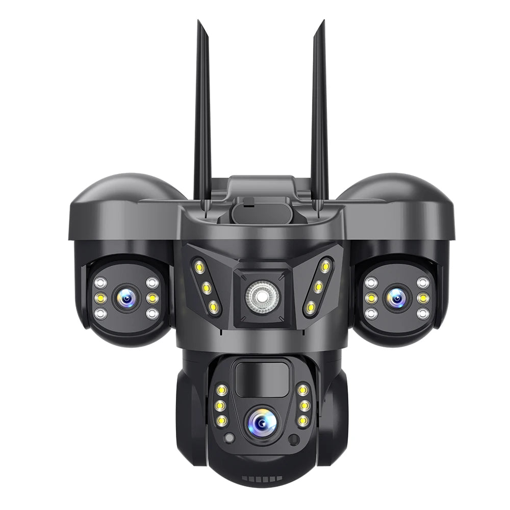 V380 Solar-Powered Surveillance Camera – True-View Three-Screen Multi-Lens Security with No Electricity or WiFi Required