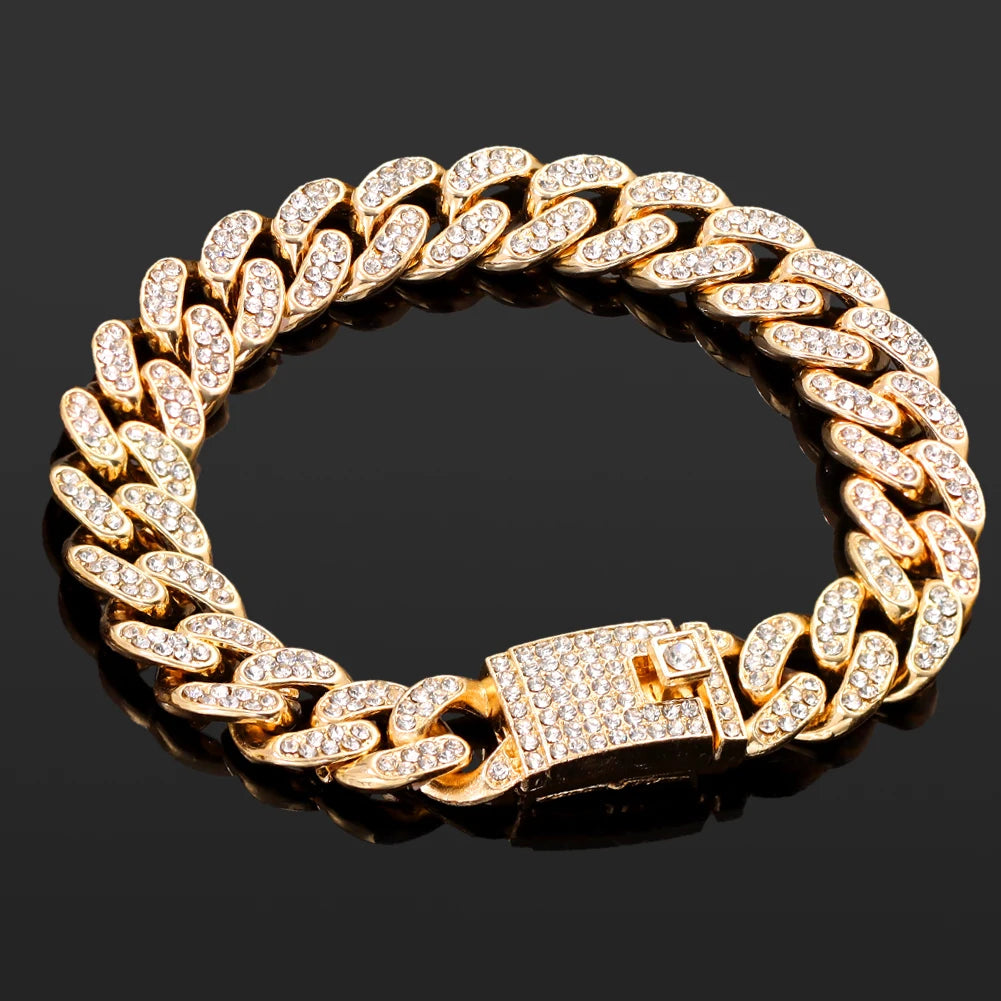 4-Piece Iced Out Pink Cuban Bracelet Set – Gold & Silver-Tone Crystal Heart, Circle & Square Hip Hop Jewelry for Women