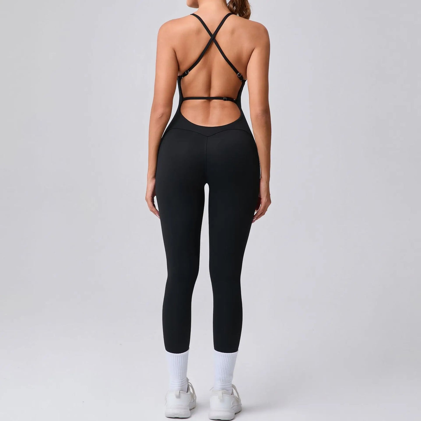 One-Piece Cross-Back Bodycon Yoga Jumpsuit – Women’s Fitness Legging Gym Outfit for Activewear & Workouts
