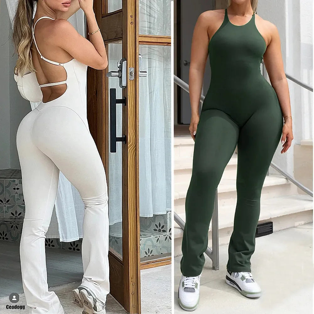 One-Piece Cross-Back Bodycon Yoga Jumpsuit – Women’s Fitness Legging Gym Outfit for Activewear & Workouts