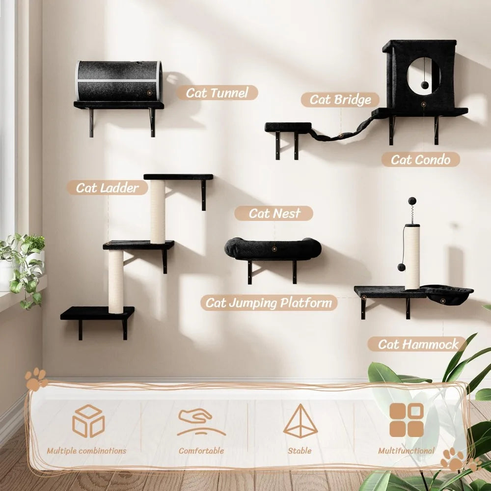 7-in-1 Wall-Mounted Cat Climber Furniture Set – Includes Cat House, Tunnel, Bridge, Hammock, Steps, Scratcher & Shelves