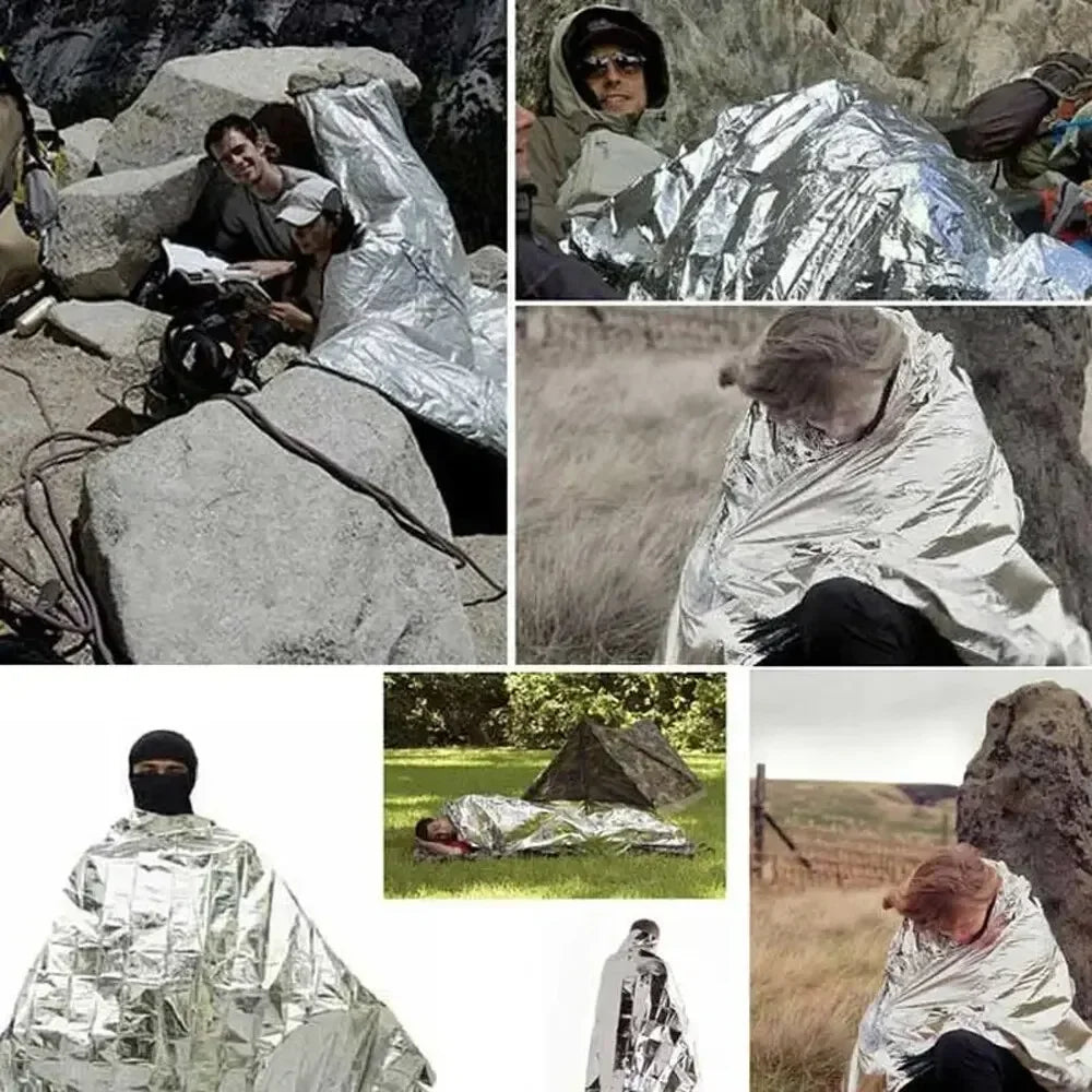 Emergency Thermal Poncho Blanket – Lightweight, Water-Resistant, Windproof Sunshade, Reusable First Aid Mat for Camping