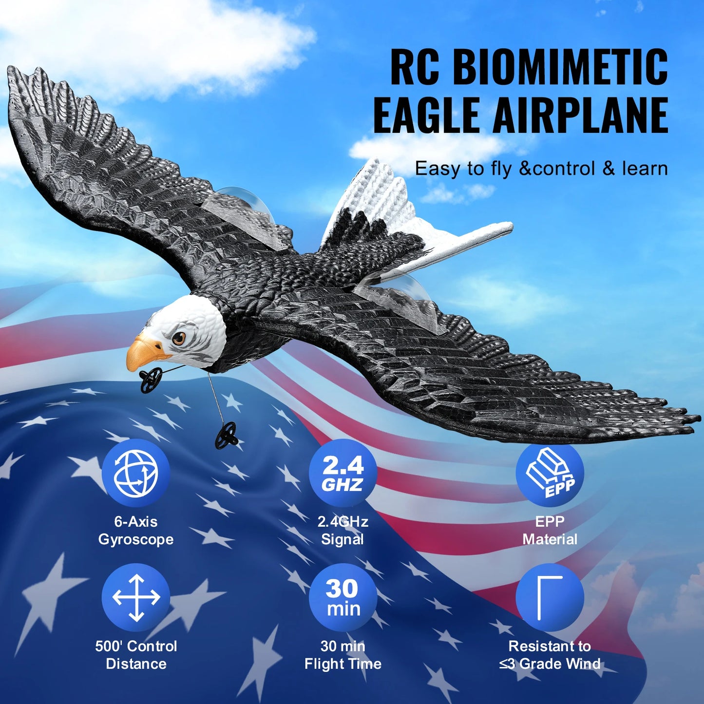 SucceBuy RC Plane Wingspan Eagle Aircraft Fighter 2.4G 2CH with 2 Batteries 6-Axis Glider Airplane Foam Boys Toys for Children