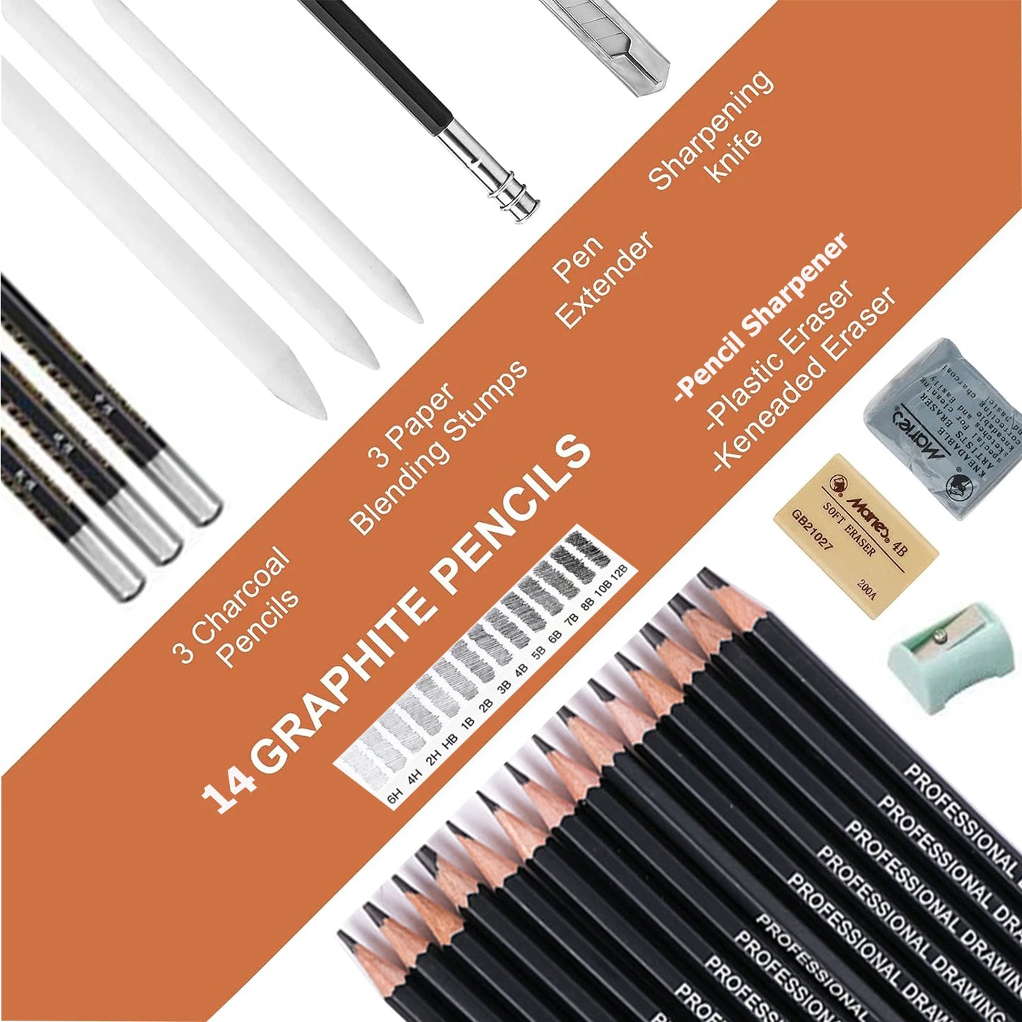 26/30/38pcs Professional Drawing Pencil Set – Graphite, Charcoal & Blending Tools | Art Kit Gift for Beginners & Artists