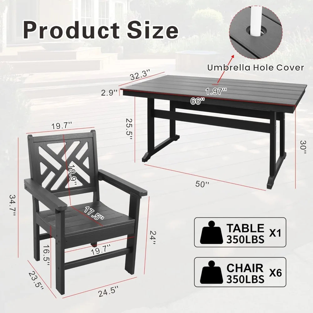 7-Piece Outdoor Dining Set – All-Weather HDPE Patio Table & Chairs with Wood Grain Finish and Umbrella Hole