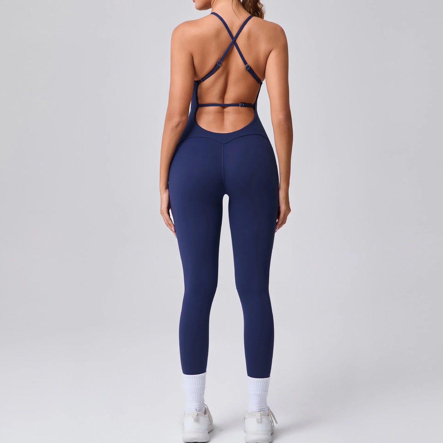 One-Piece Cross-Back Bodycon Yoga Jumpsuit – Women’s Fitness Legging Gym Outfit for Activewear & Workouts
