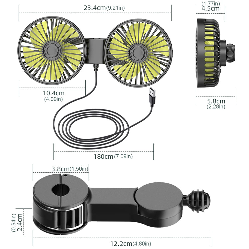 12V/24V Dual-Head Car Seat Cooling Fan – USB Neck Cooler with 360° Rotation & 3-Speed Adjustable Settings