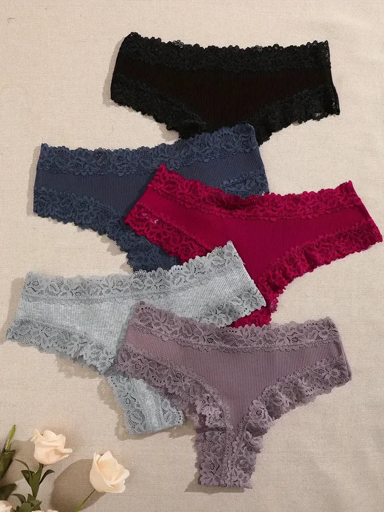 5Pcs Women’s Cotton Lace Panties Set – Soft Floral Patchwork Briefs Underwear Lingerie (S-XL)