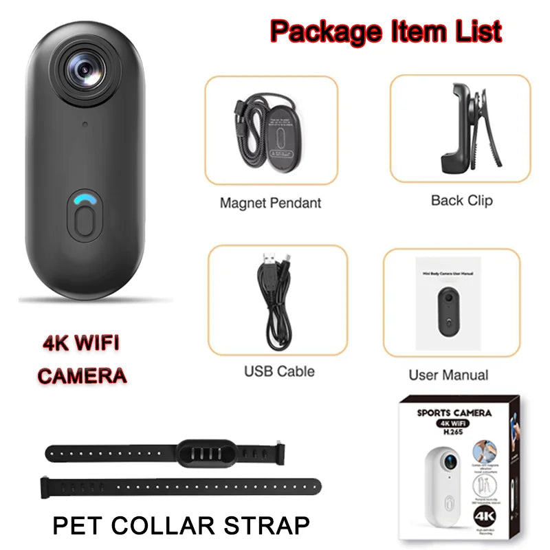 4K Wireless Pet Collar Camera – HD Video Recording Action Cam for Dogs & Cats, Outdoor Adventure or Gift Idea