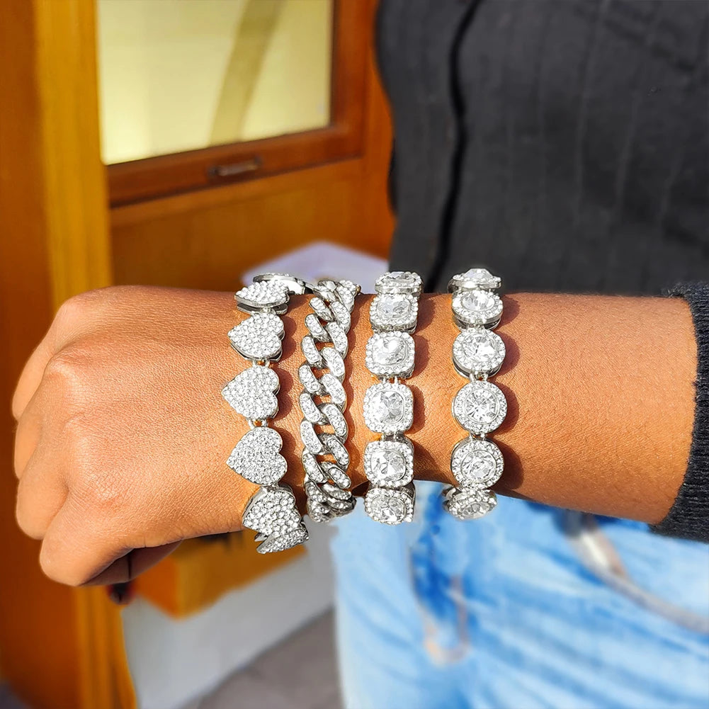 4-Piece Iced Out Pink Cuban Bracelet Set – Gold & Silver-Tone Crystal Heart, Circle & Square Hip Hop Jewelry for Women