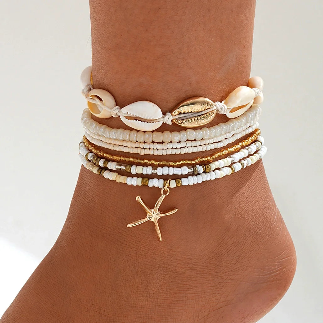 3-Piece Beach Anklet Set for Women – Vintage Gold Starfish & Shell Charms, Summer Boho Jewelry for Vacation & Daily Wear