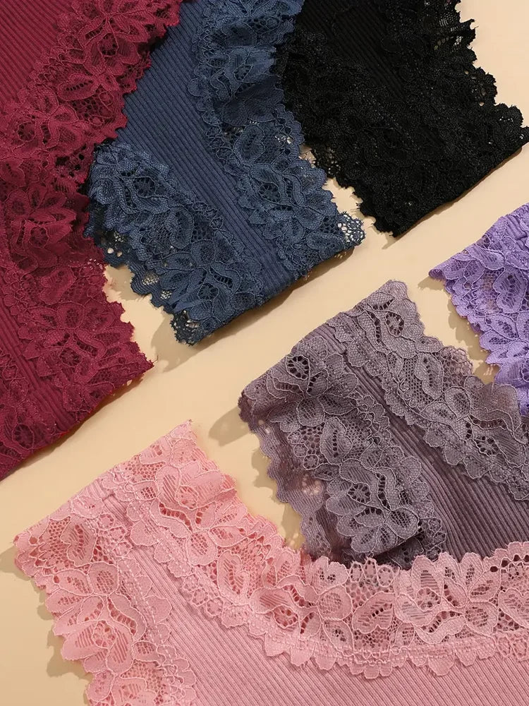 5Pcs Women’s Cotton Lace Panties Set – Soft Floral Patchwork Briefs Underwear Lingerie (S-XL)