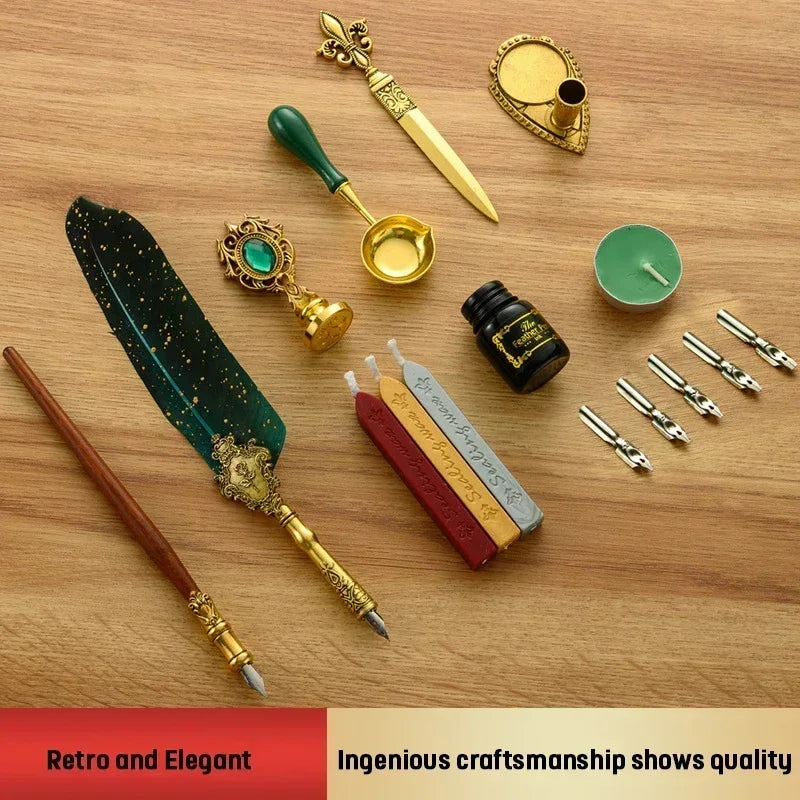 Antique Feather Dip Pen Kit Retro Wooden Dip Pen Set Classic Wax Seal Stamp Kit for Calligraphy Art Words Gifts