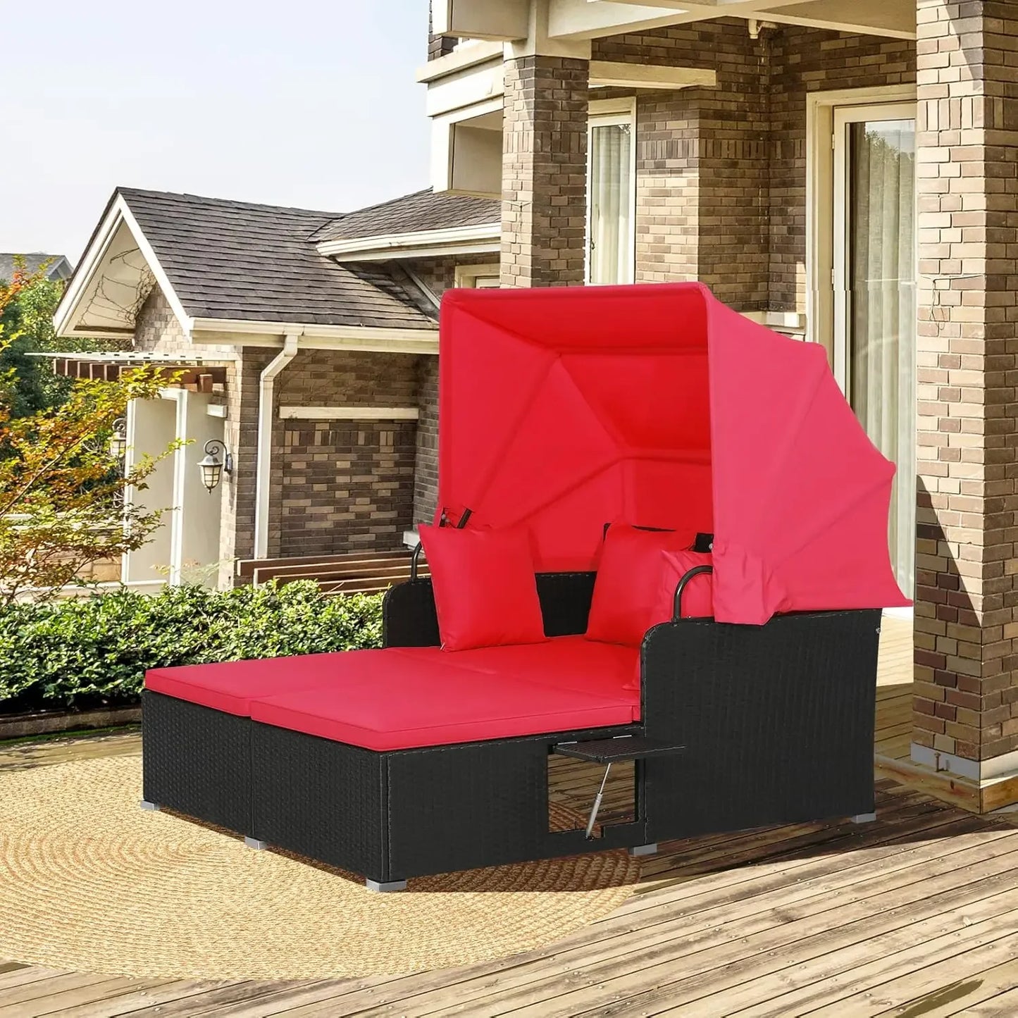 Relax in Style: Hand-Woven Outdoor Daybed with Canopy & Built-In Side Tables
