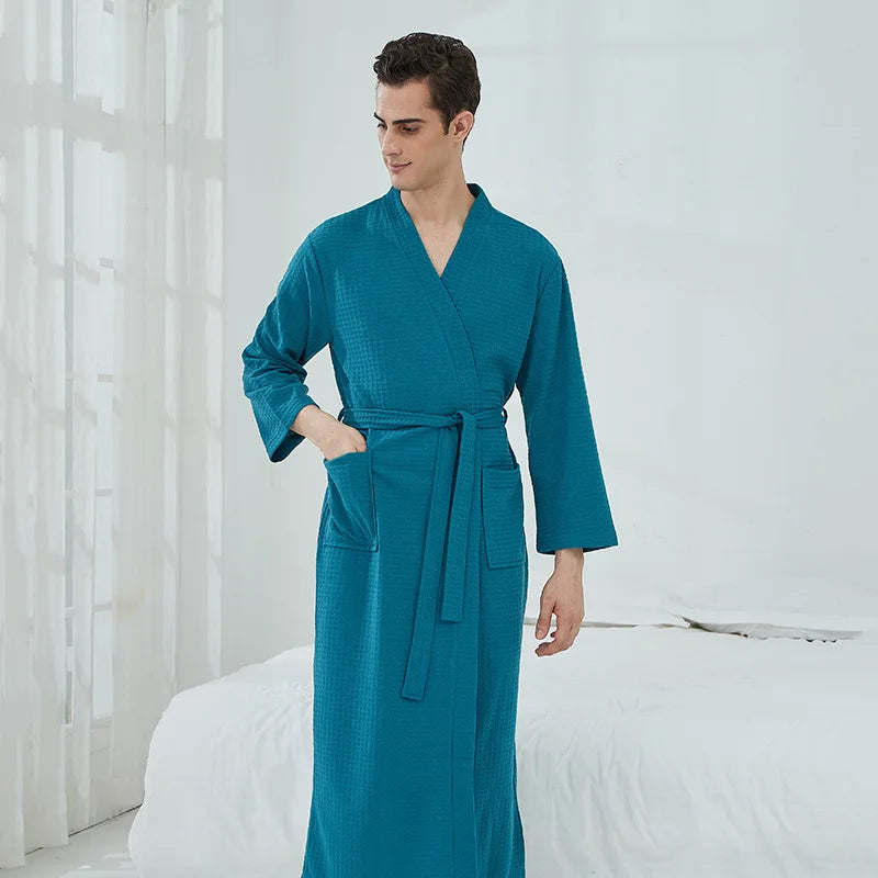 Unisex Waffle Bathrobe – Long, High-Quality Robe for Men & Women, Solid Black Plaid, Comfortable Loungewear or Nightwear