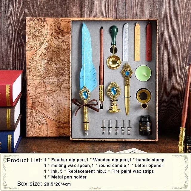 Antique Feather Dip Pen Kit Retro Wooden Dip Pen Set Classic Wax Seal Stamp Kit for Calligraphy Art Words Gifts