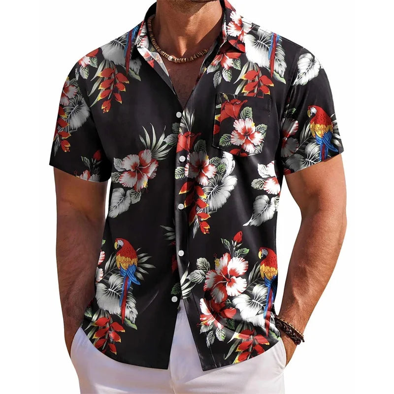 Men’s Floral Short Sleeve Button-Up Shirt – Casual Summer Top with Chest Pocket for Beach & Vacation Wear