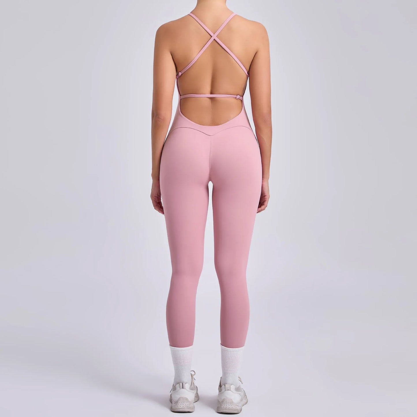 One-Piece Cross-Back Bodycon Yoga Jumpsuit – Women’s Fitness Legging Gym Outfit for Activewear & Workouts