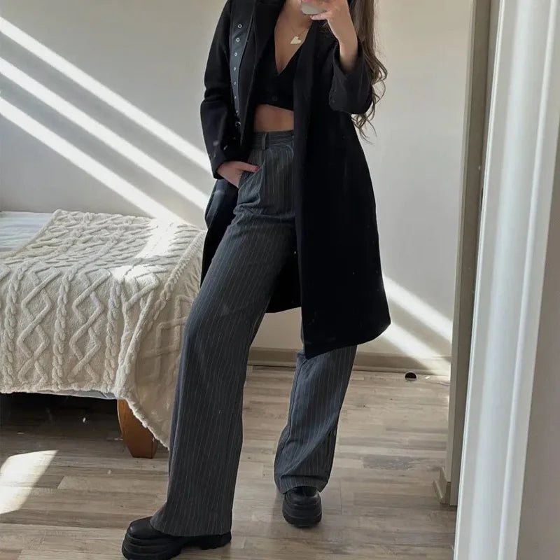 High-Waist Striped Wide-Leg Trousers – Women's Formal Office Wear, Casual Suit Pants in Grey & Black