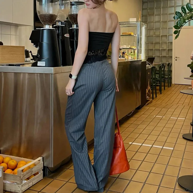 High-Waist Striped Wide-Leg Trousers – Women's Formal Office Wear, Casual Suit Pants in Grey & Black