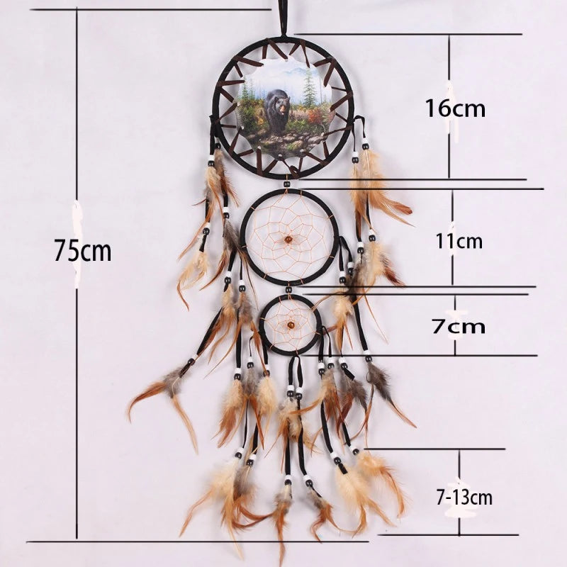 Wolf Head Oil Painting Dream Catcher – Boho Wall Decoration with Natural Feather Pendant | Festival-Inspired Hanging