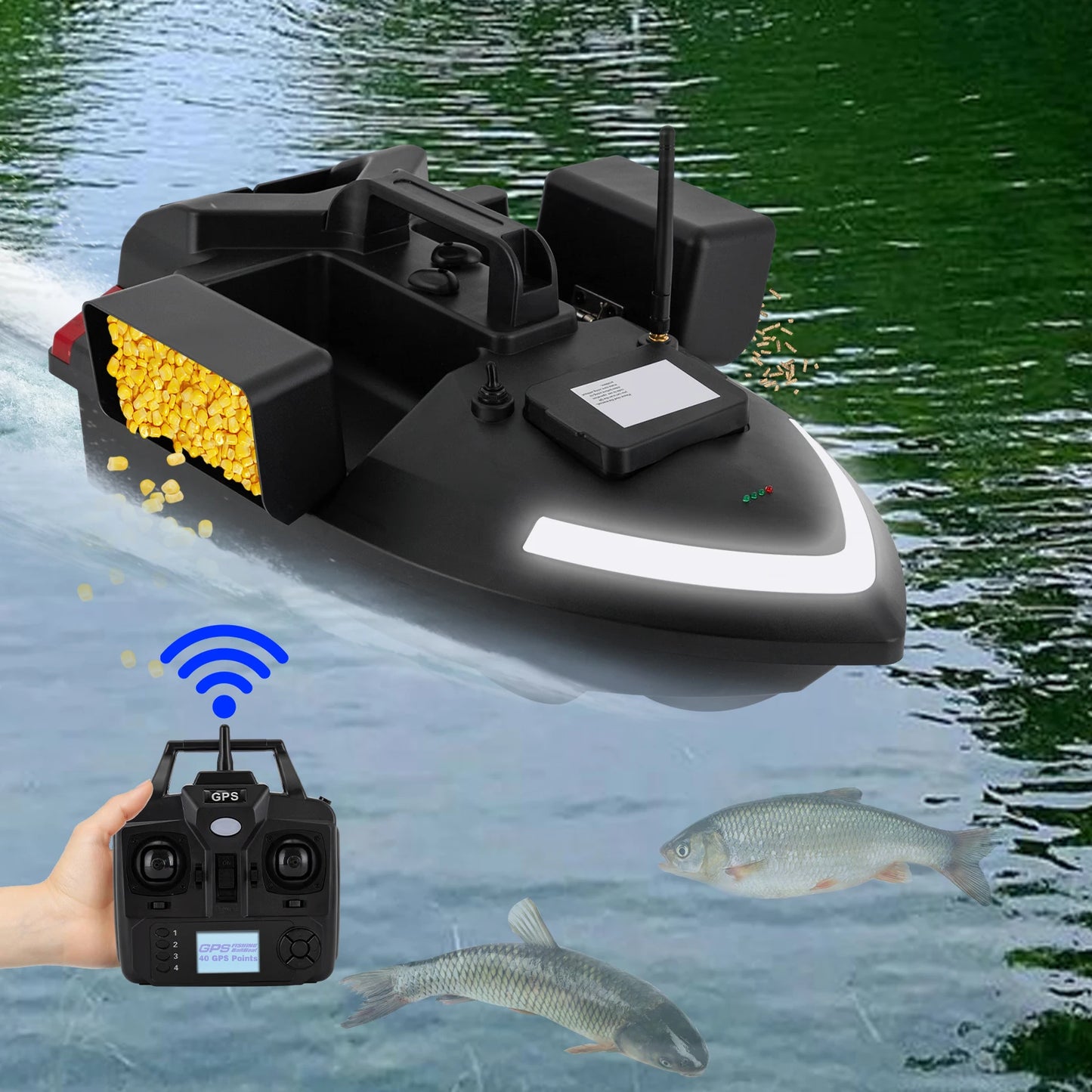 Rechargeable GPS Bait Boat 40 Positioning Points 500m Remote Control Fishing Bait Thrower Boat with 1 Battery and 1 Charger
