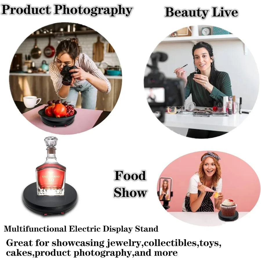 Motorized 360° Rotating Display Stand with LED Light – 10" Turntable for Product Photography & Showcases (55 lbs Load)