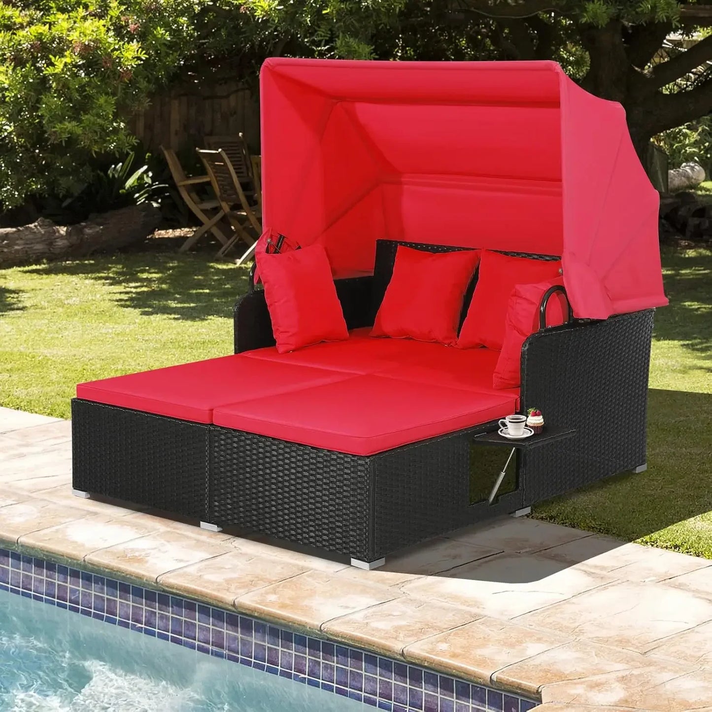 Relax in Style: Hand-Woven Outdoor Daybed with Canopy & Built-In Side Tables