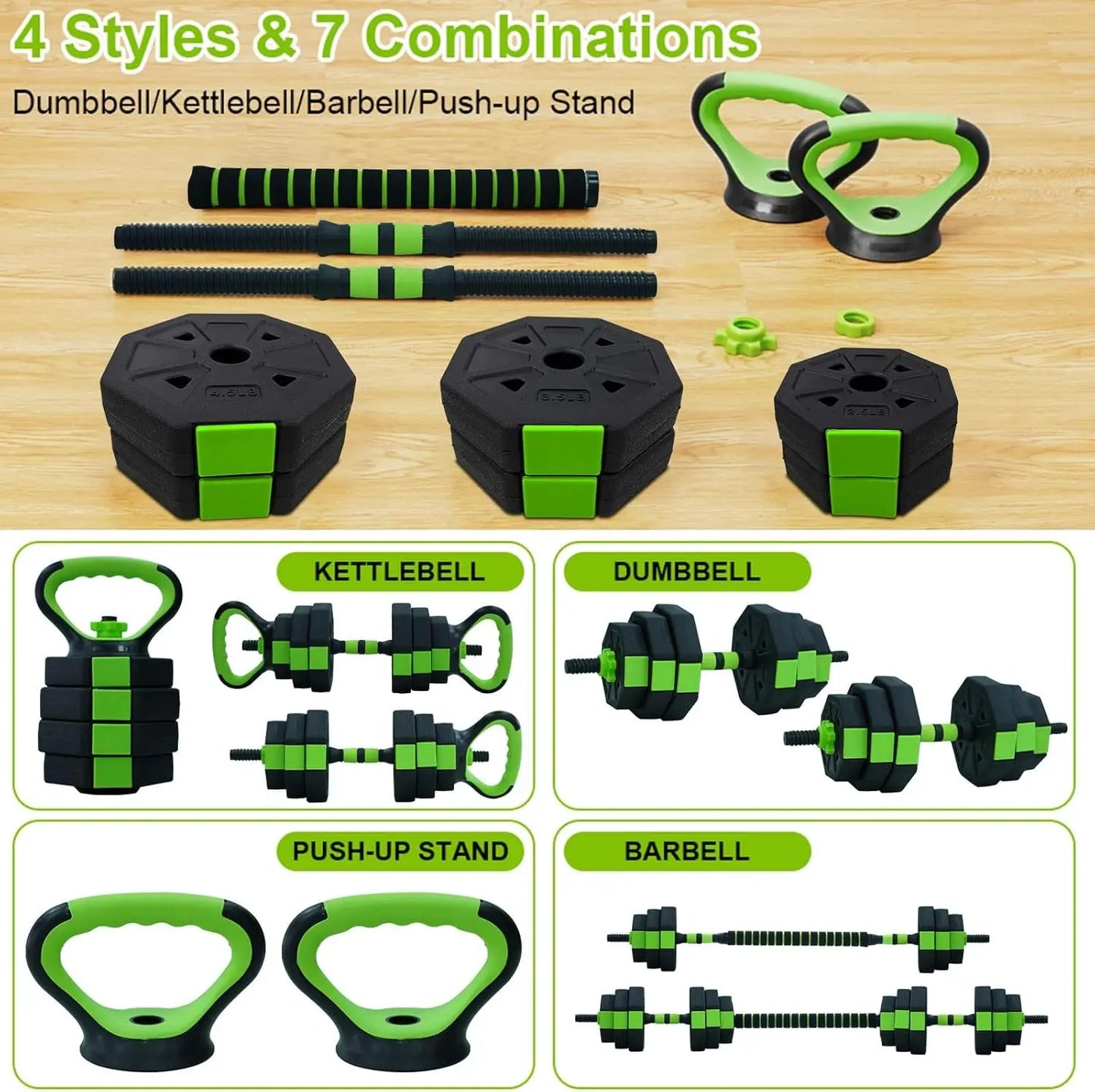 4-in-1 Adjustable Weight Set – 66/88lbs Kettlebell, Dumbbell, Barbell & Push-Up Stand for Home & Gym Training