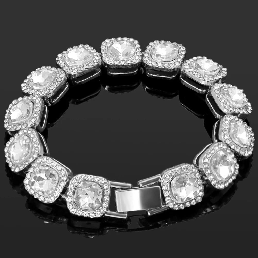 4-Piece Iced Out Pink Cuban Bracelet Set – Gold & Silver-Tone Crystal Heart, Circle & Square Hip Hop Jewelry for Women